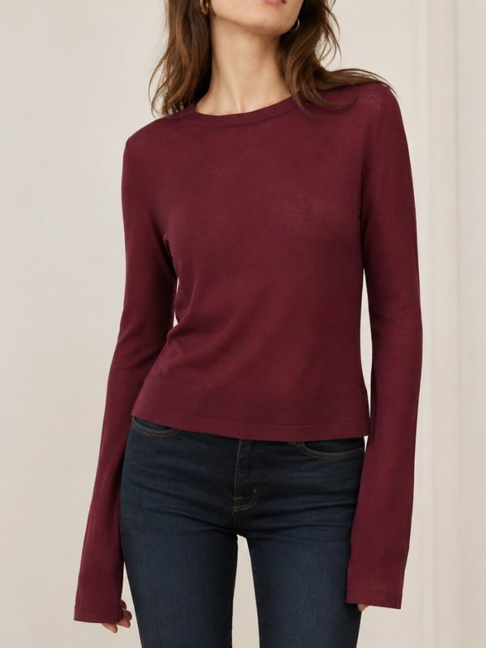 NWT Theory 100% Merino Wool Crewneck Sweater Maroon Small Split Cuff Knit Top